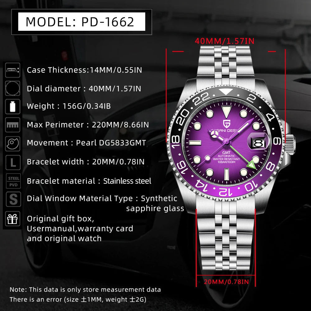 PAGANI DESIGN – Montre GMT Homme Automatique 40 mm | Acier Inoxydable & Étanche